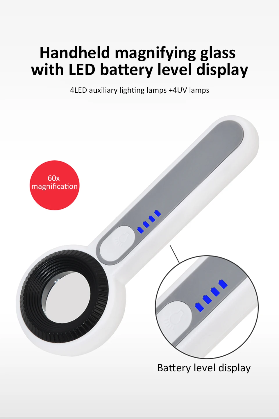 60-fache wiederaufladbare Handlupe mit 4-LED-Hilfsbeleuchtung + 4UV-Lampe, beleuchtete Lupe zum Lesen/Reparieren – Detail 1