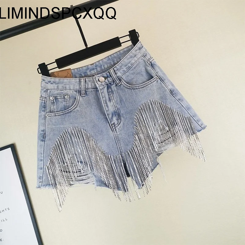 

Denim Shorts Summer Women Clothing Fashion Ripped Jeans Femme High Waist Diamond Tassel Y2k Casual Bottoms For Ladies