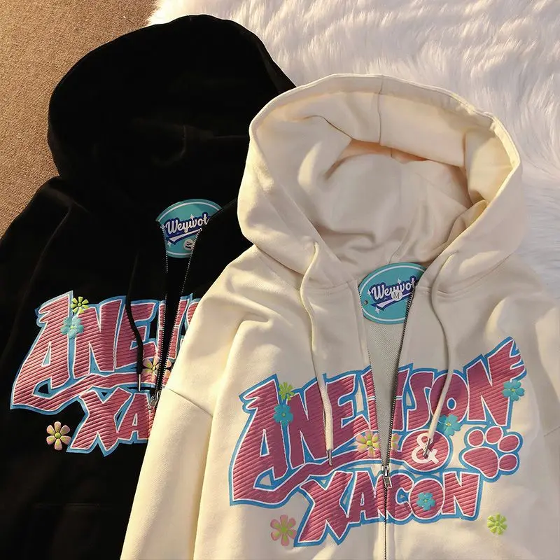 Hoodies Retro Letter Printing Sweetwear And Cool Women Early Spring New American Style Couple Sweatshirt Cardigan Jacket 2023