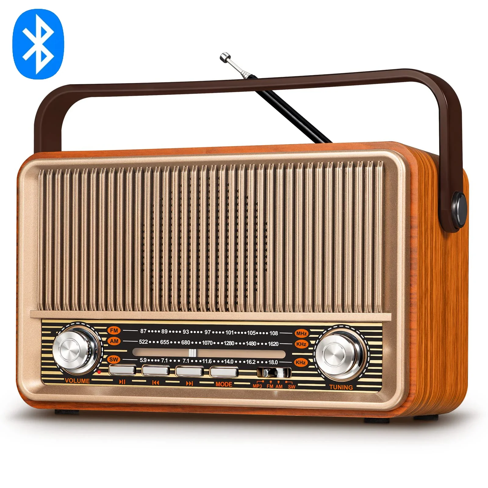 Portable Bluetooth Speaker Radio FM/AM/SW Card TF USB MP3 Music Player Wooden Retro