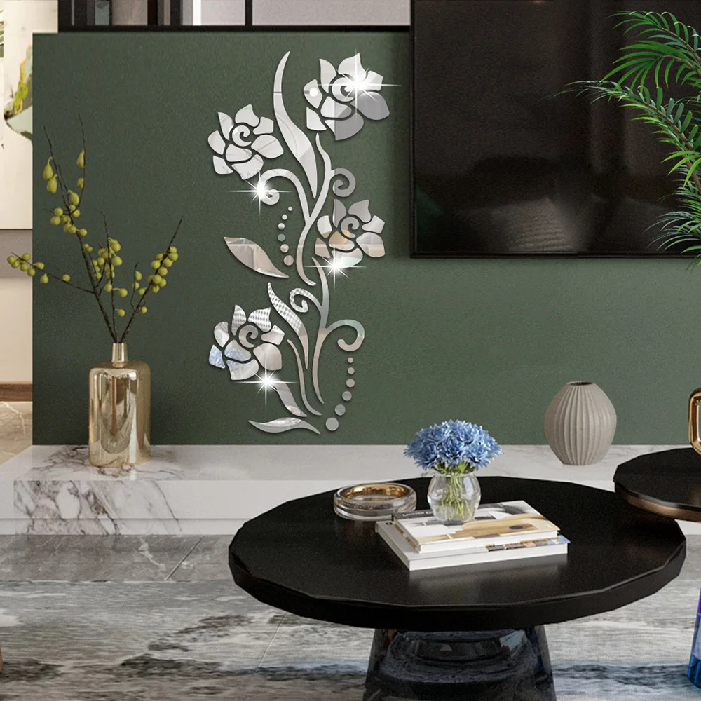 Lychee Life Rose Acrylic Mirror Wall Decal Door Living Room Bedroom Decal Mirror Effect Flower Vine Acrylic Wardrobe Wall