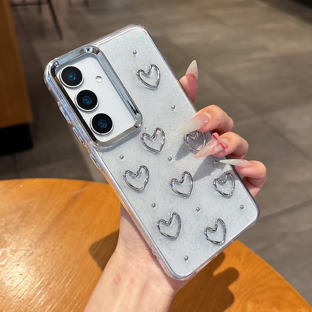 Süße 3D Silbrig Liebe Herz Handyhülle für Samsung Galaxy S25 S24 S23 FE Plus Weiche stoßfeste transparente Abdeckung Epoxidharz Shell – Detail 5