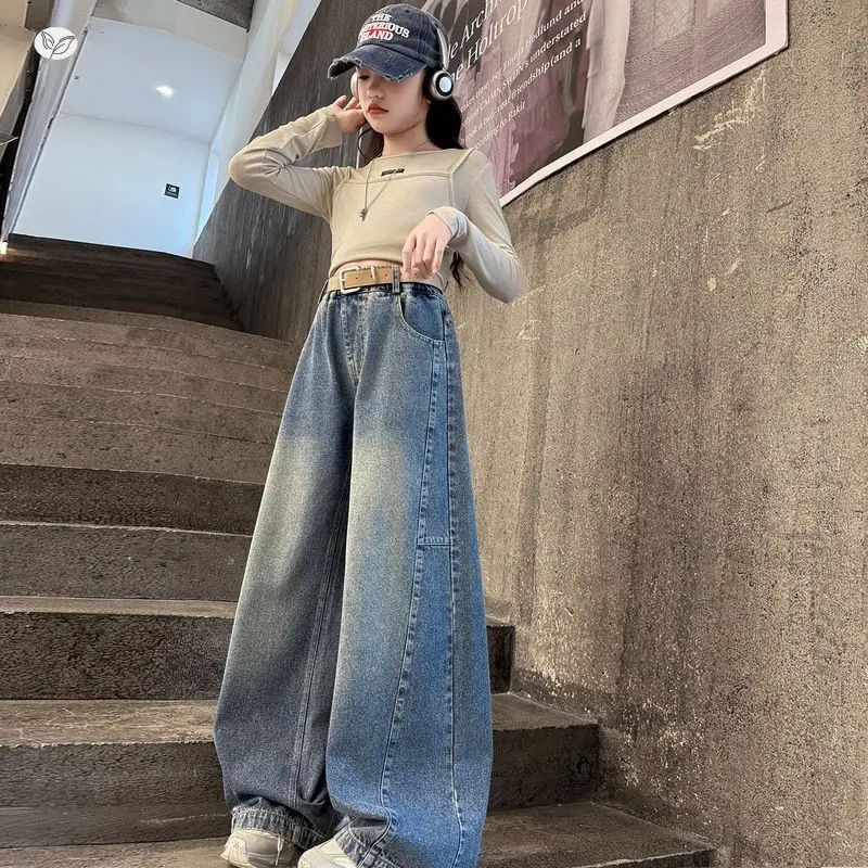봄/가을 여아용 청바지 레트로 커브드 나이프 팬츠 10대 어린이용 따뜻한 두꺼운 루즈핏 스트레이트 와이드 팬츠 5 7 9 11 13 15세