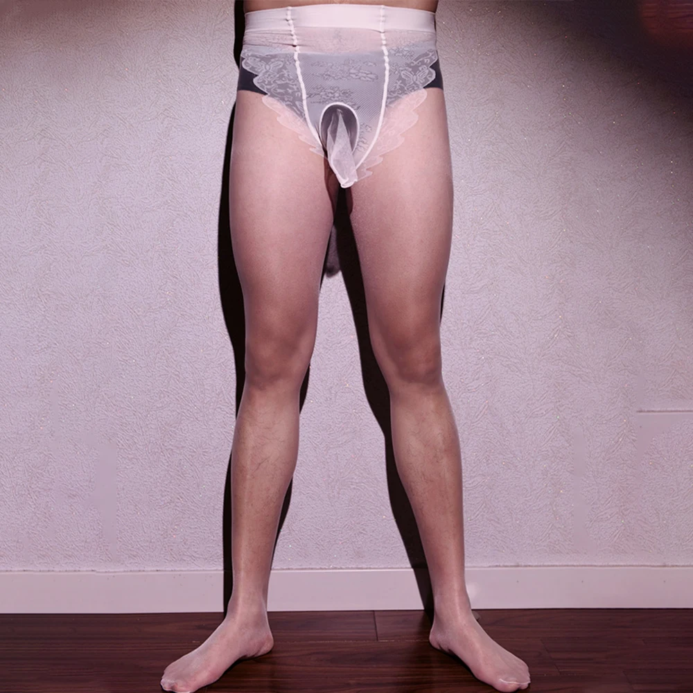 Men Pantyhose Seamless Shiny Thin Elastic Glossy Ultra-thin Sheer Transparent Temptation Gay Wear U Convex Pouch Stockings