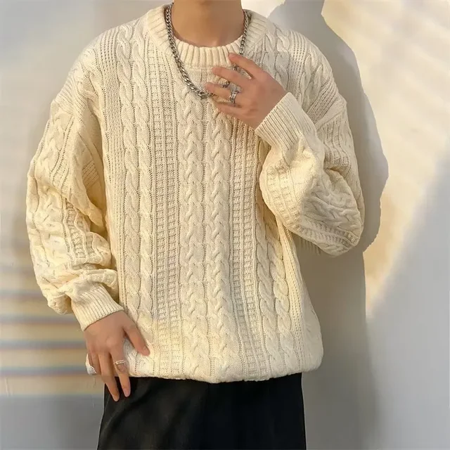 Loose Casual Men's Knitted Sweater round Neck Vintage Hong Kong Style Autumn Winter Fashion Brand Twist Cable Knitwear 1