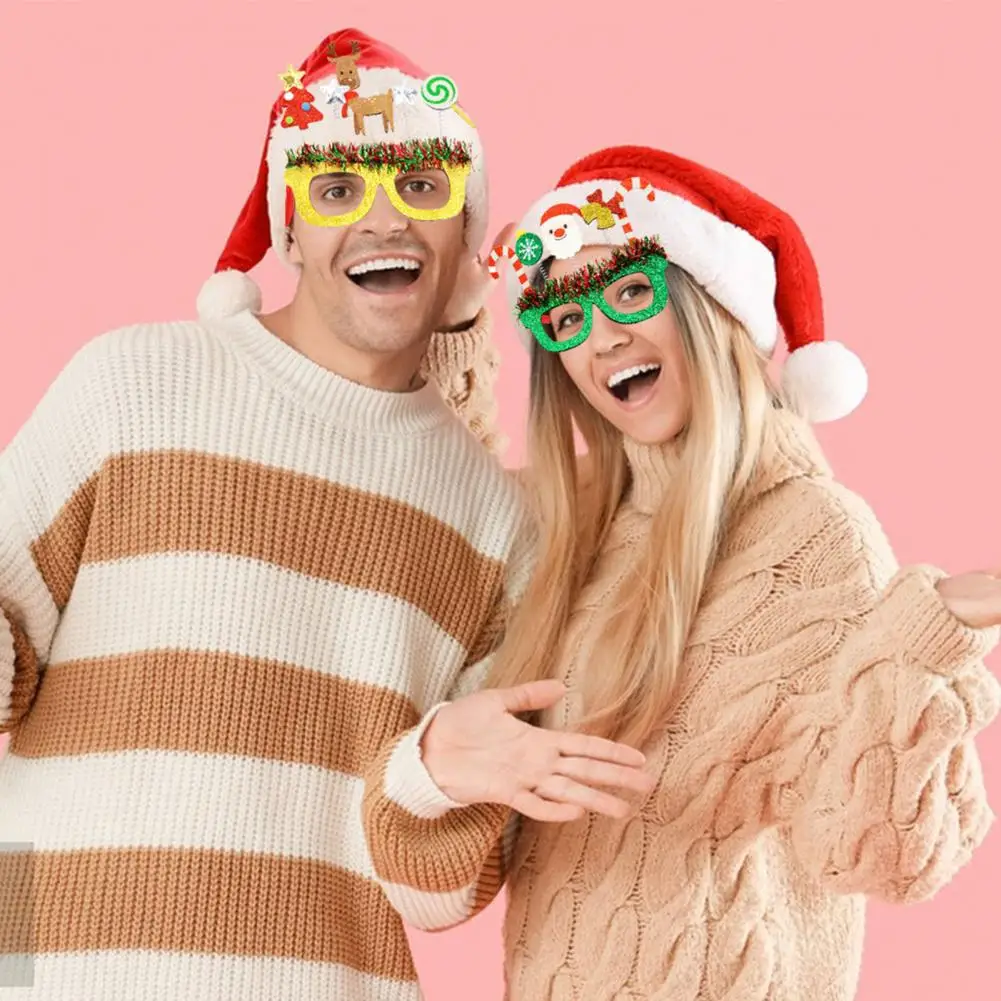 Santa Hat Glasses Festive Christmas Glasses Set with Glitter Frames Santa Hat Snowman Design Holiday Party Supplies for Merry