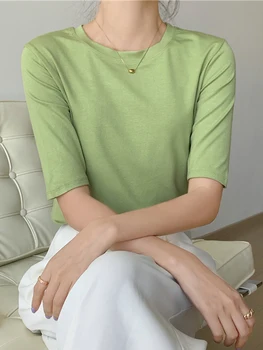 2025 الصيف نصف كم تي شيرت المرأة ملابس علوية من القطن تيز الصلبة س الرقبة الإناث عادية الأساسية مطاطا سليم تي شيرت رداء علوي غير رسمي 4
