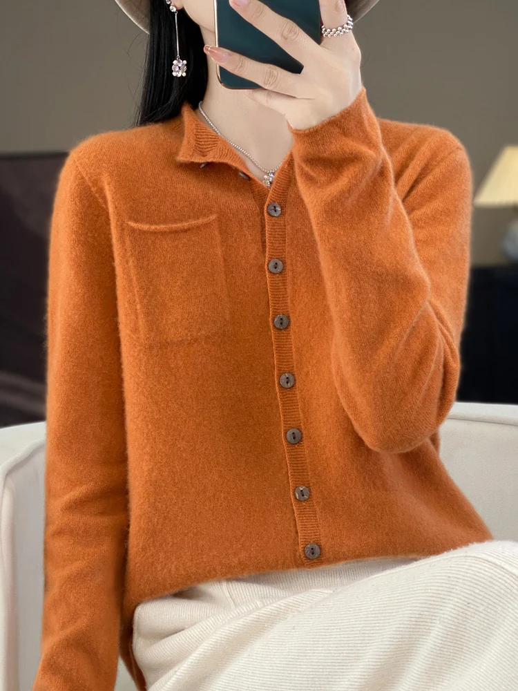 2024 New Fashion Women Sweater Spring 100% Pure Merino Wool Cardigan Ruffled-collar Jacket Female Clothing Grace Knitwear Tops 5