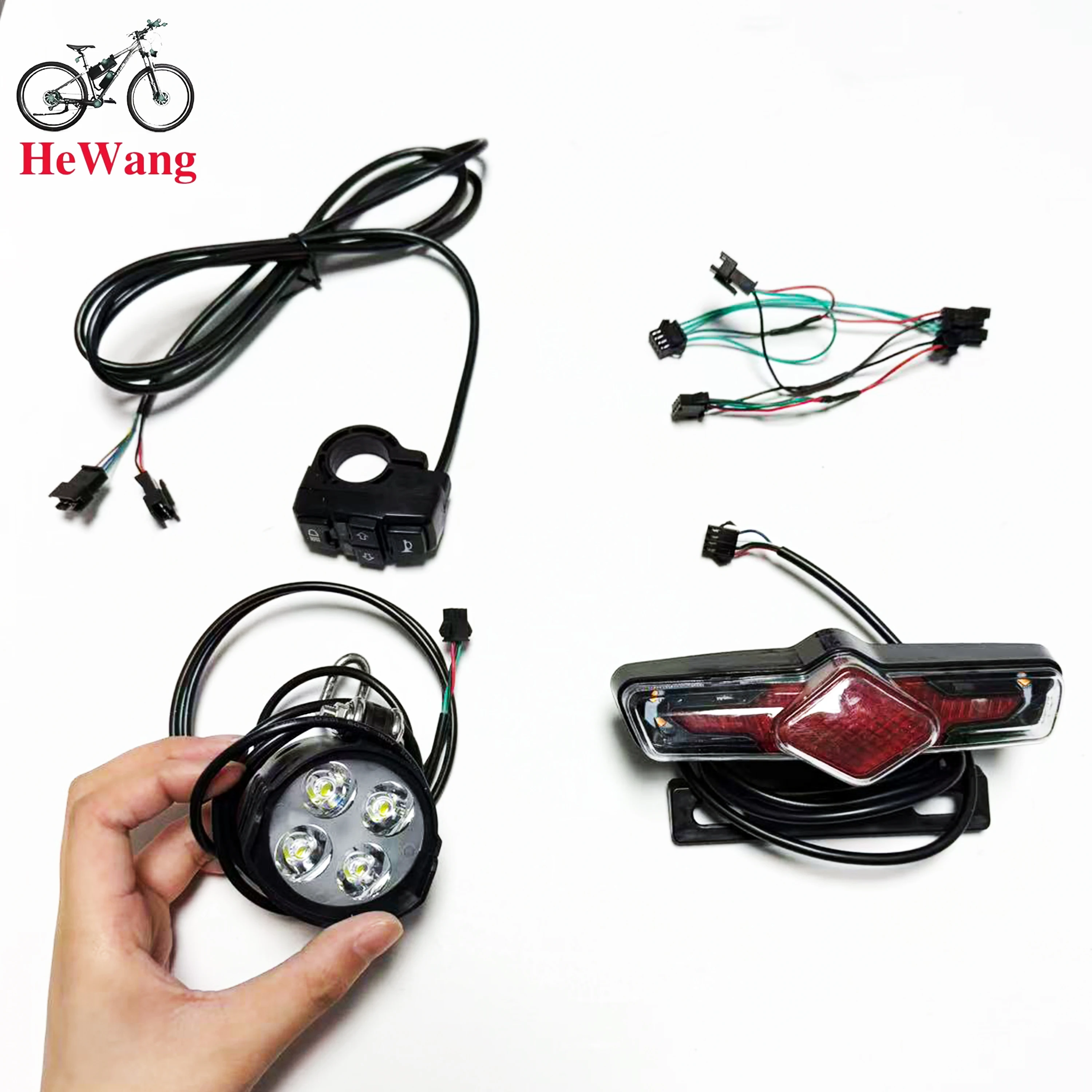 36V 48V 52V 60V E-Bike headlight taillight horn switch set , QD168 headlight + C-50C taillight + DK336 switch + connect wire