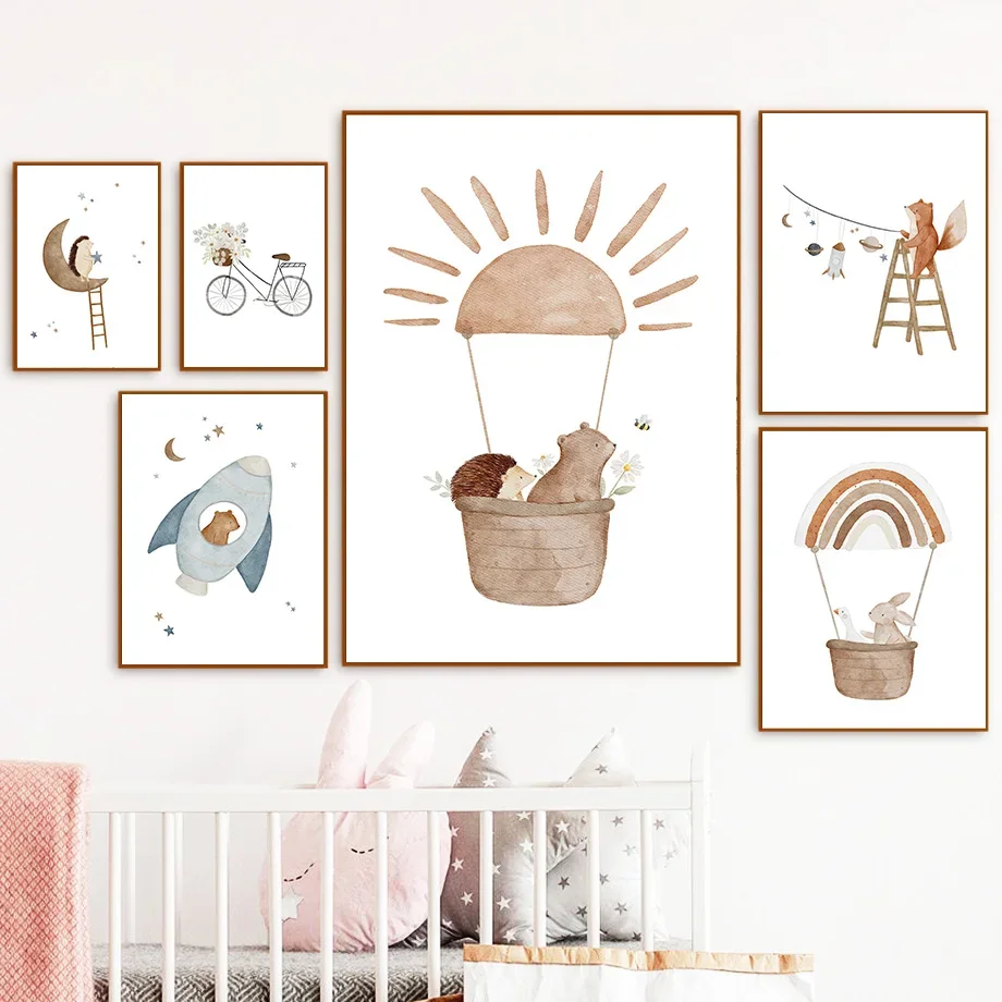Boho Space Rocket Bear Rabbit Hedgehog Bee Flowers Nursery Poster Wall Art Print Canvas Painting Baby Kids Room Home Decor