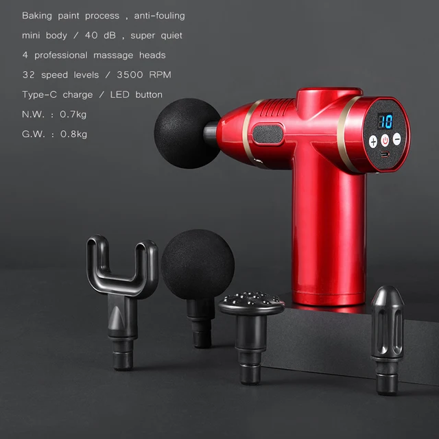 32 speed levels Electric massage Gun Slimming Body Neck back foot leg shoulder Massager Muscle Fascia Gun percussion massagers Red H01-4 heads