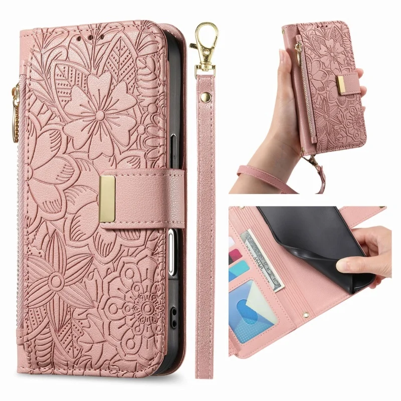 Magnetic Leather Zip Wallet Phone Case with Lanyard