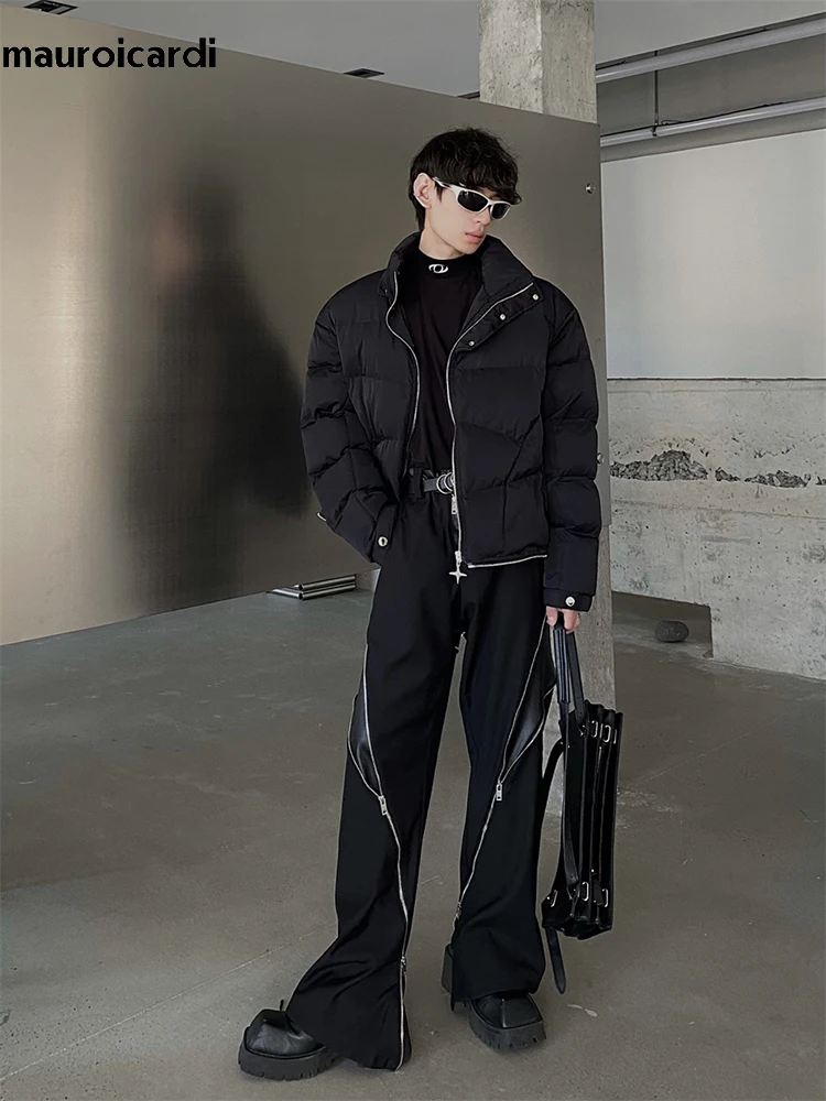 Men Trousers Leather Pants Mauroicardi Spring Autumn Pu Leather Patchwork Long Loose Many Zippers Luxury Designer