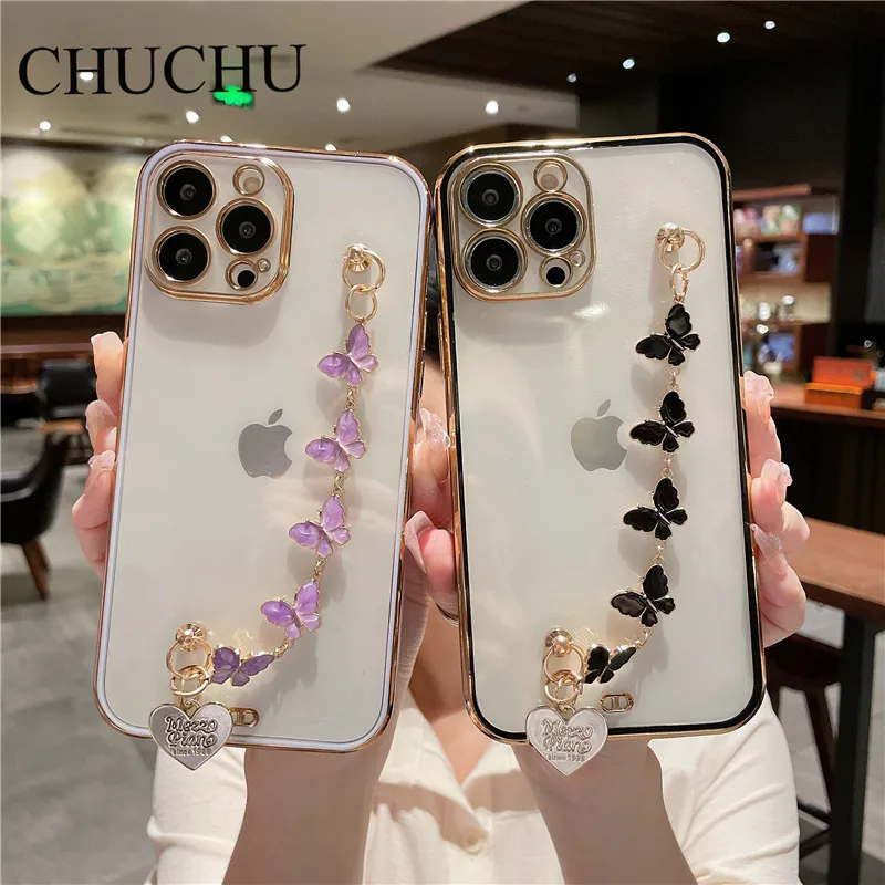 Cute Phone Cases For iPhone 14 13 11 12 Pro Max X XR XS Max 7 8 Plus Luxury  Butterfly Chain Bumper Silicone Black Back Cover