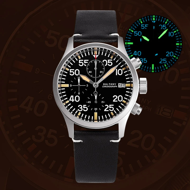 

Baltany Men Chronograph Watch 39mm Sport Quartz Wristwatch Military Sapphire 100M Waterproof VK67 BGW-9 Luminous Triple Windows