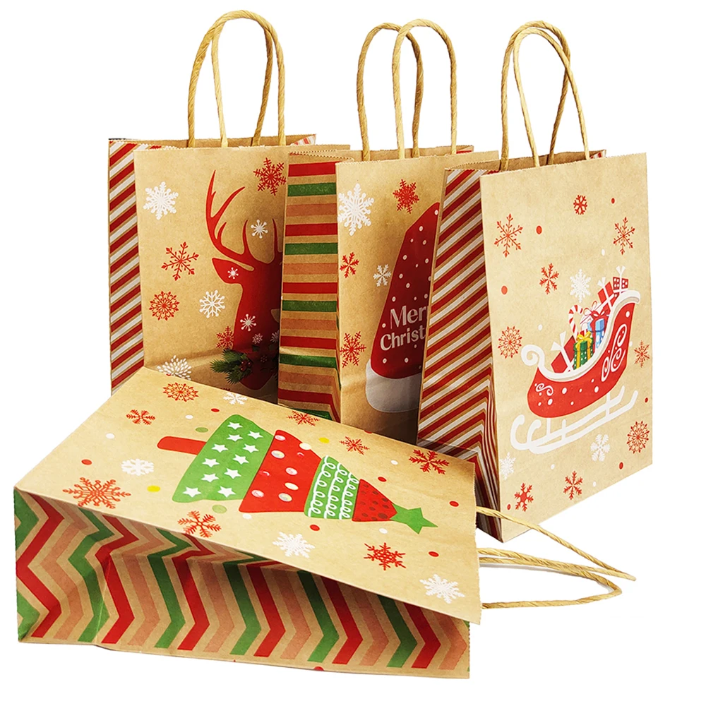 4Pcs Christmas Paper Gift Bag Christmas Candy Cookie Packaging Santa Claus Elk Bell Christmas Tote Bag Christmas Decoration 2024