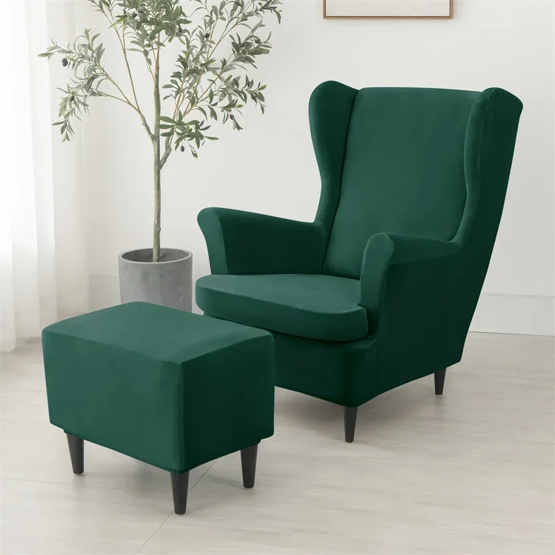Wing Chair Slipcover Stretch Velvet Wing Armchair Cover with Seat Cushion Cover Elastic Sofa Slipcovers Solid Color Sofa Covers 3