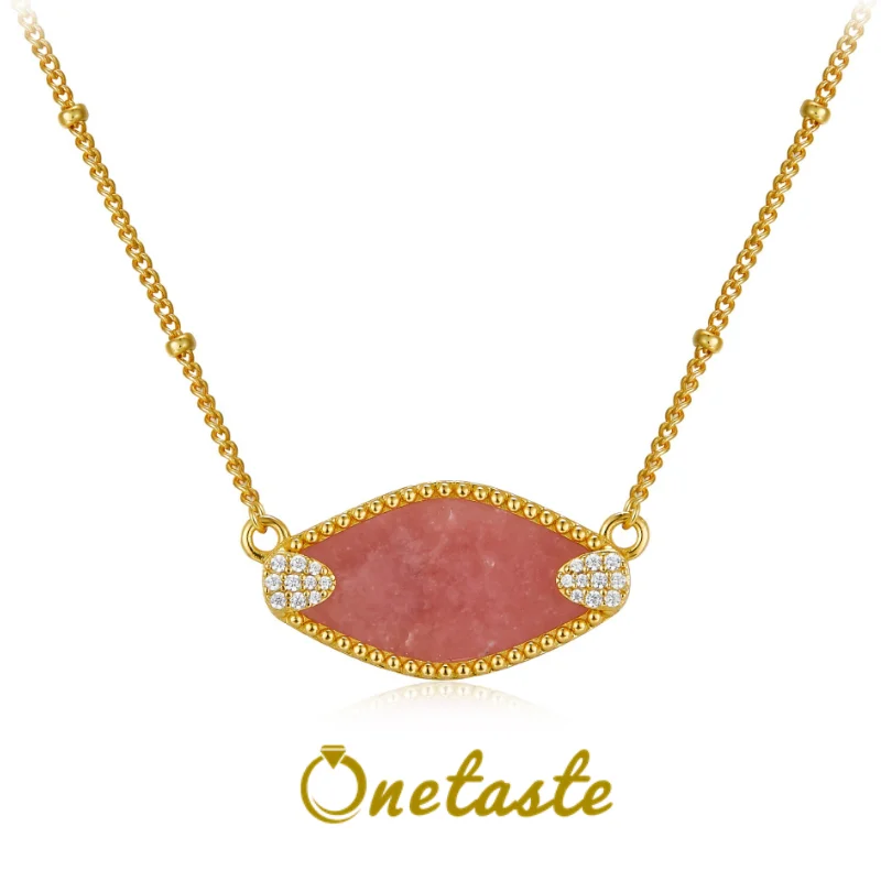 

French Chic Natural Rhodochrosite 925 Silver Goldplated Pendant Necklace Women Zircon Geometric Simple Choker Necklaces 2023 New