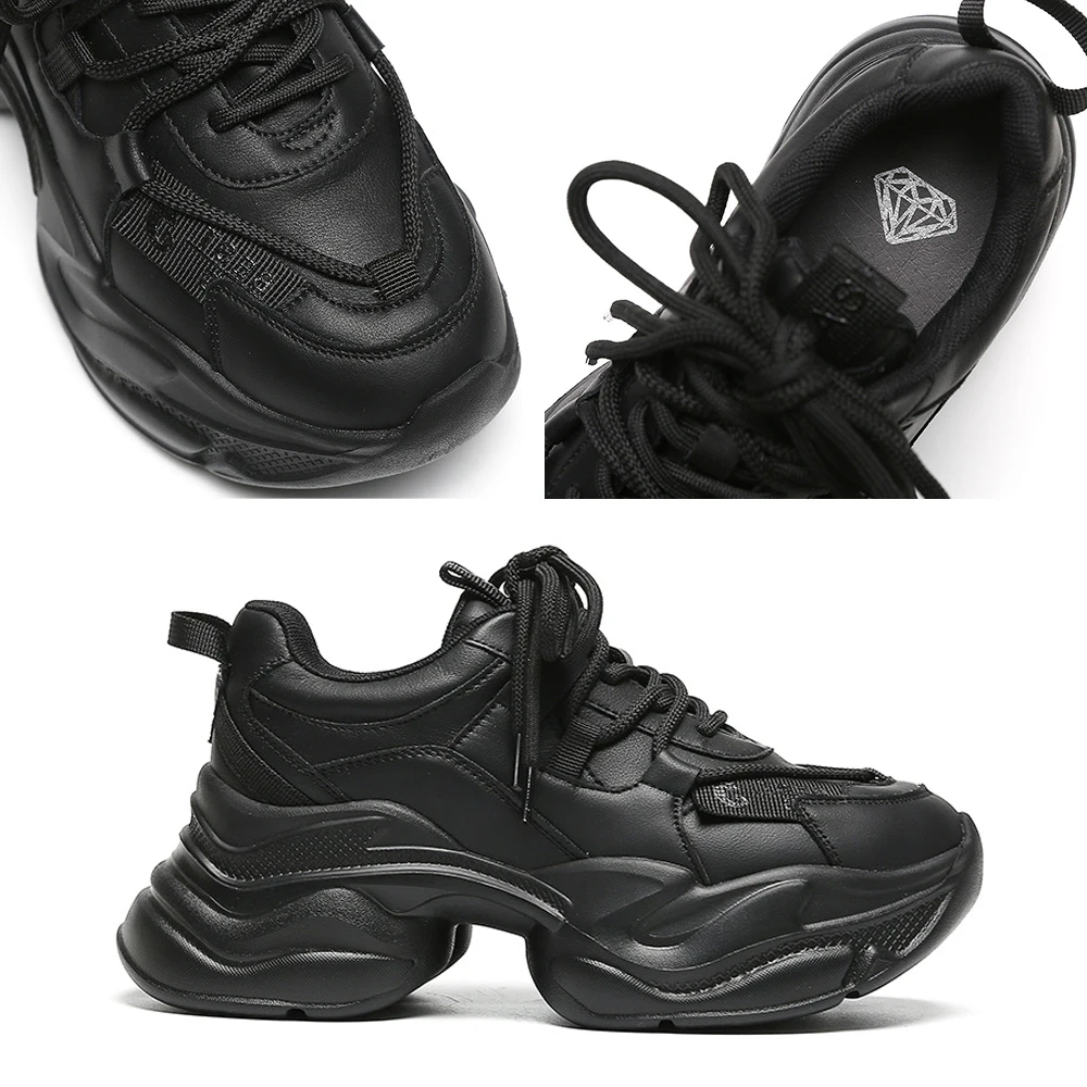 Somiliss Women Chunky Sneakers Casual Shoes Platform Sneakers Round Toe Thick Sole Lace-Up Ladies Trainers Handmade Black White