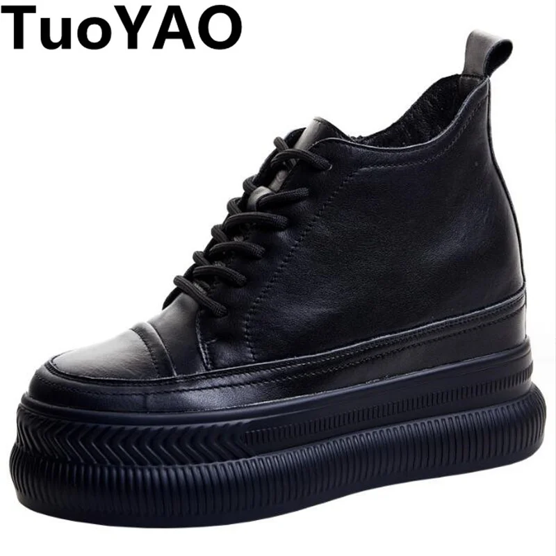 

9cm Microfiber Genuine Leather Platform Autumn Winter Motorcycle Chunky Heels Lace Up Spring Boots Hidden Heel Women ZIP Shoes