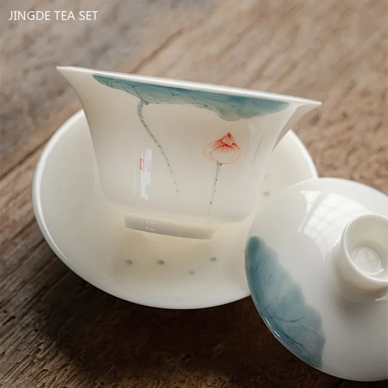 120/140ml Hand-painted Goat Fat Jade White Porcelain Gaiwan Household Ceramic Tea Infuser Traditional with Cover Teacup