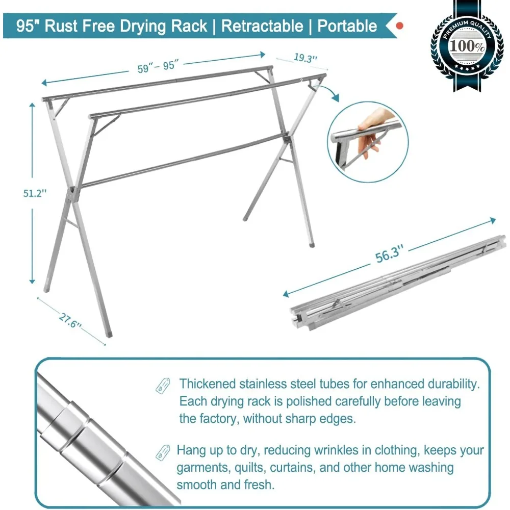 95 Inches Clothes Drying Rack Clothing Folding Indoor Outdoor, Heavy Duty Stainless Steel Laundry Drying Rack 4