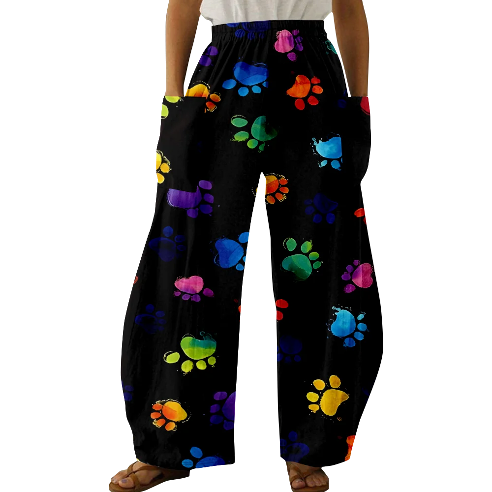 Spring Stylish Dog Paw Print Pants Summer Casual Oversized Girls Cute Y2K Trousers Pocket Women Wide Leg Pants Pantalon