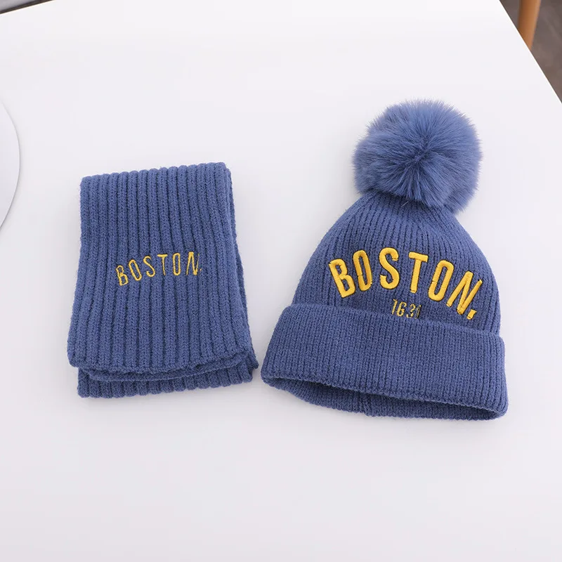2-8 Years Kids Knit Hat Scarf Set Korean Letter Embroidery Boy Girl Winter Thick Warm Pullover Hat Outdoor Windproof Neckerchief