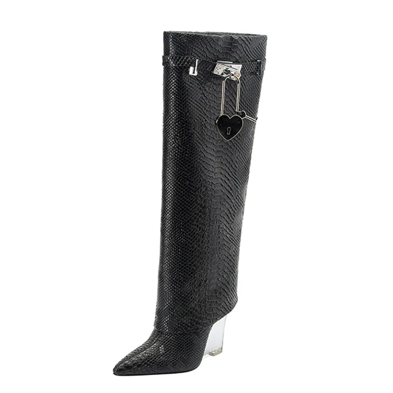 2023 Winter New Pointed High Heel Crystal Wedge Heel Large Peach Heart Buckle Knee Long Boots and Trouser Sleeve Boots