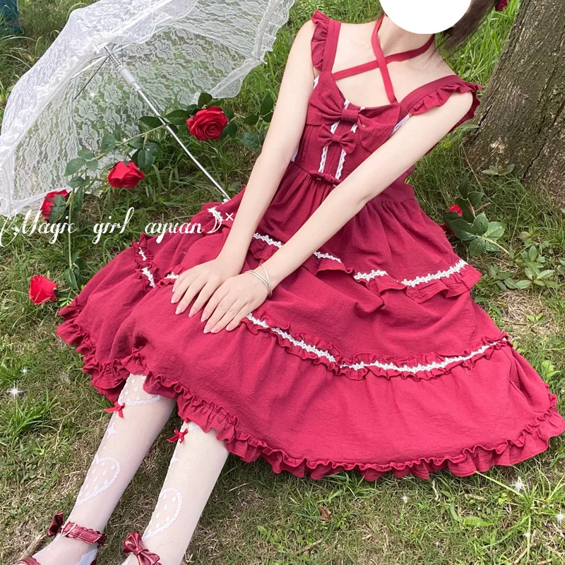 

2023 Summer Lolita Solid Color Ruffles Sweet Dress for Women Bow Sleeveless Halter A-line High Waist Cute Casual Vestidos Mujer