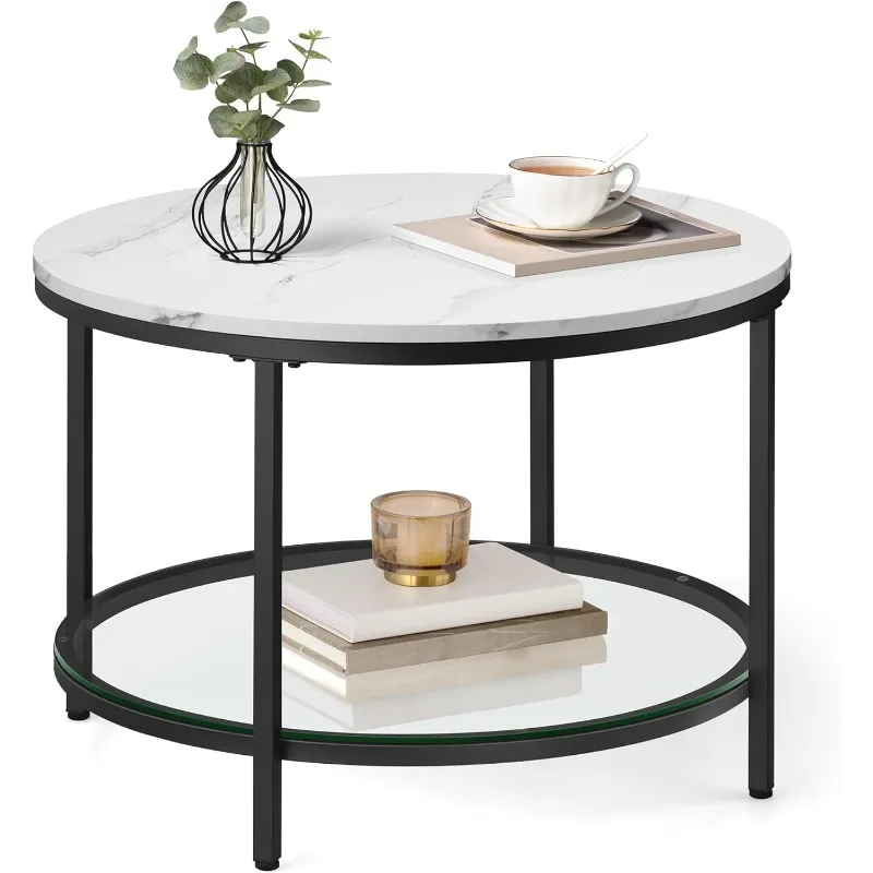 VASAGLE Round Coffee Table, Small Coffee Table with Faux Marble Top and Glass Storage Shelf, 2-Tier Circle Coffee Table, Modern цена и фото