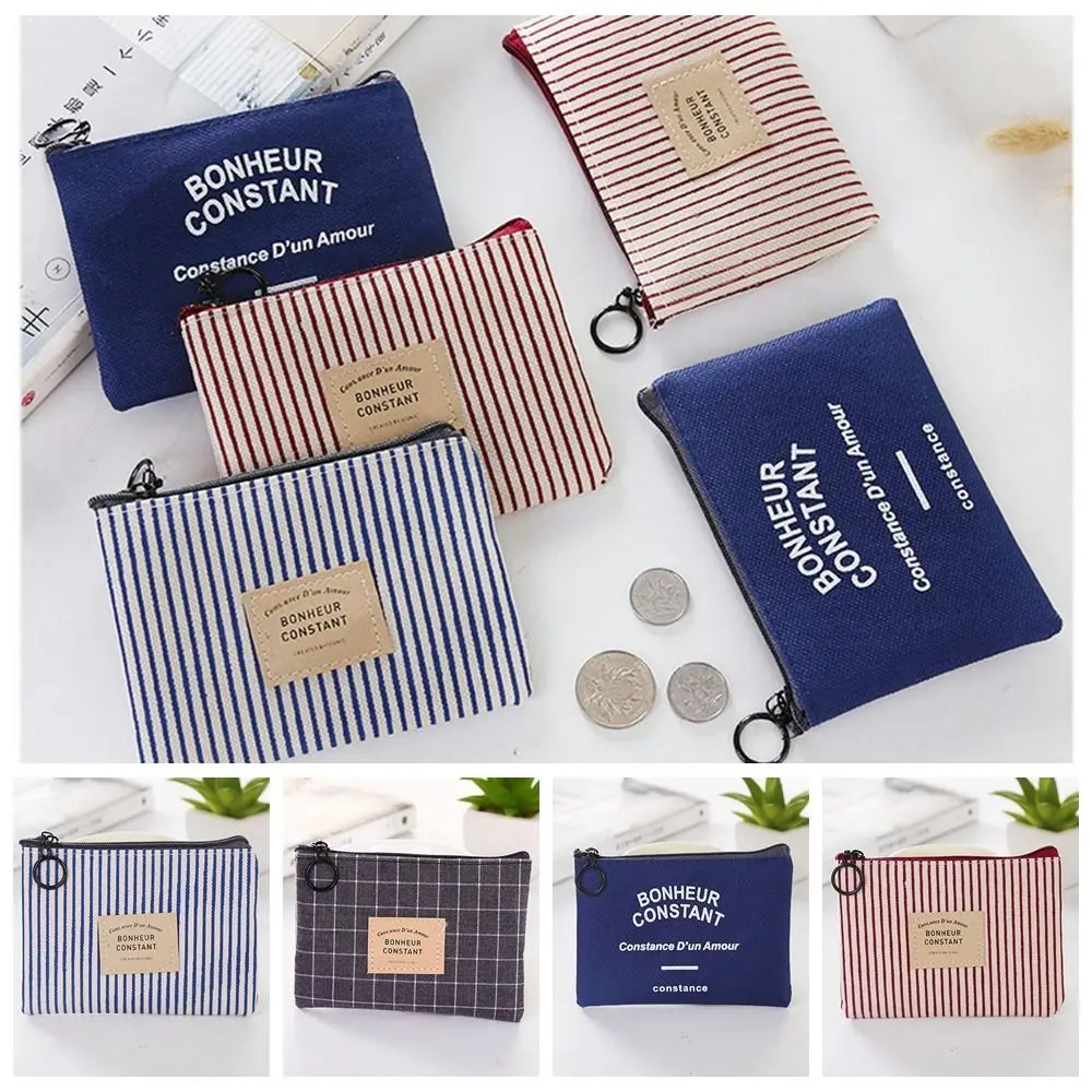 

Zipper Stripe Print Coin Purse with Key Ring Square Small Canvas Letter Wallet Case Change Purse Lipstick Storage Bag Kid