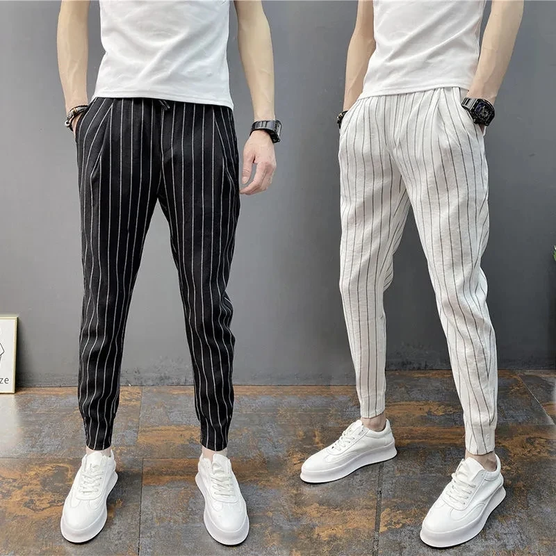Spring Summer Thin Stripe Harlan Pants Men Trend Youth NinePoint Pants