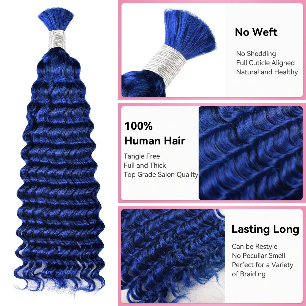 #Blue Deep Wave Boho Braids Human Hair Bulk Braiding Hair 100g/Pc 16-26 Inch For Women Brazilian Virgin Hair Full End No Weft 3