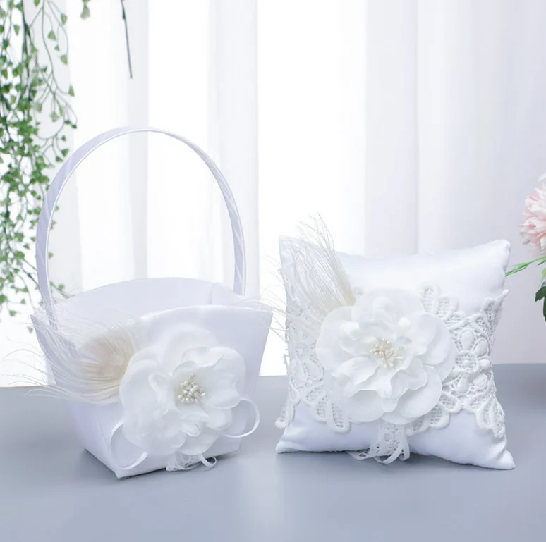 Smavles Wedding Ring Pillow Wedding Ring Cushion and Wedding Basket Flower Girl Baskets Romantic Jute Lace Bow Wedding Supply Decoration 