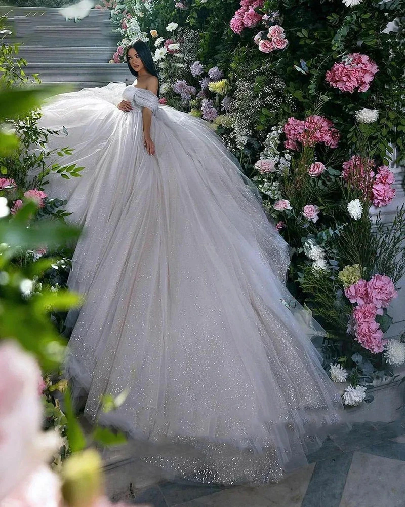 Bohemian Wedding Dresses Women\'s Sexy Off Shoulder Shiny Tulle Princess A-Line Bridal Gowns Robe Vestido De Noiva Mariée 2023 فس