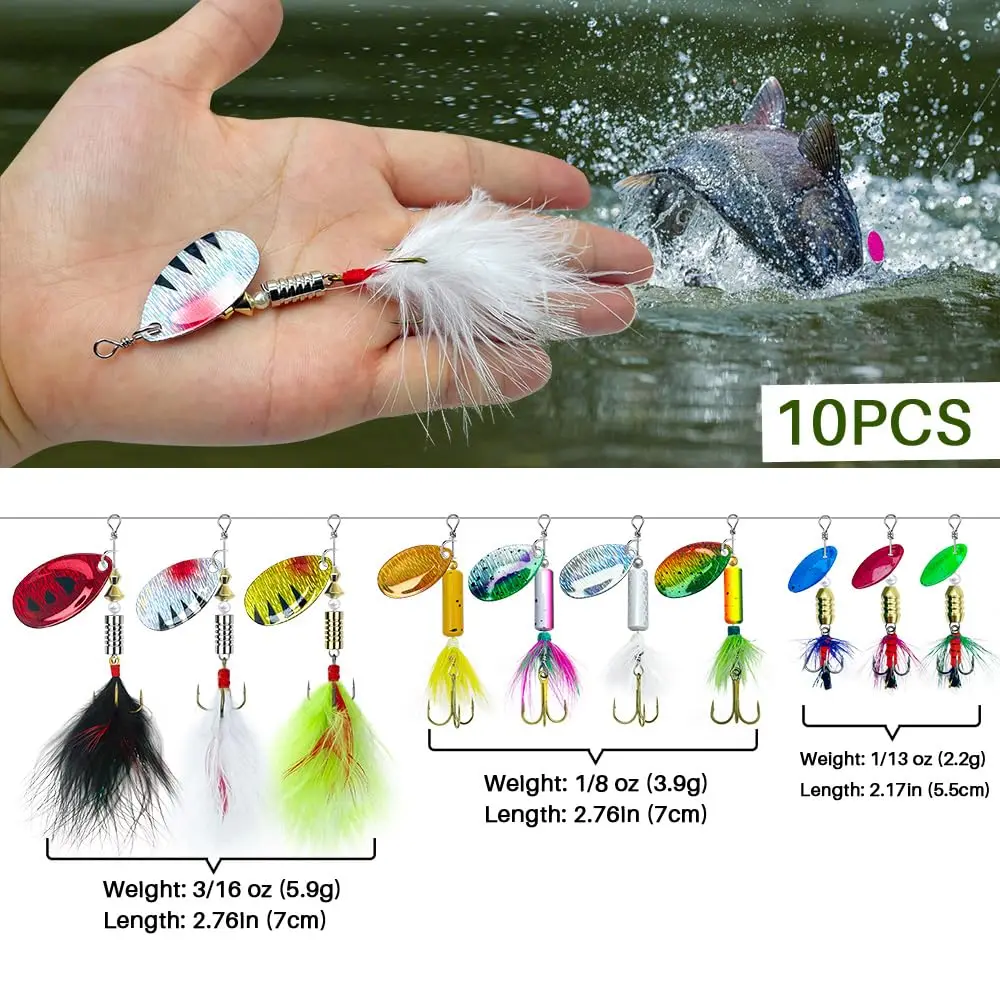 BETTER LEADER 10-Piece Spinner Bait Set - Rooster Tail Lures For Trout, Bass & Saltwater Fishing