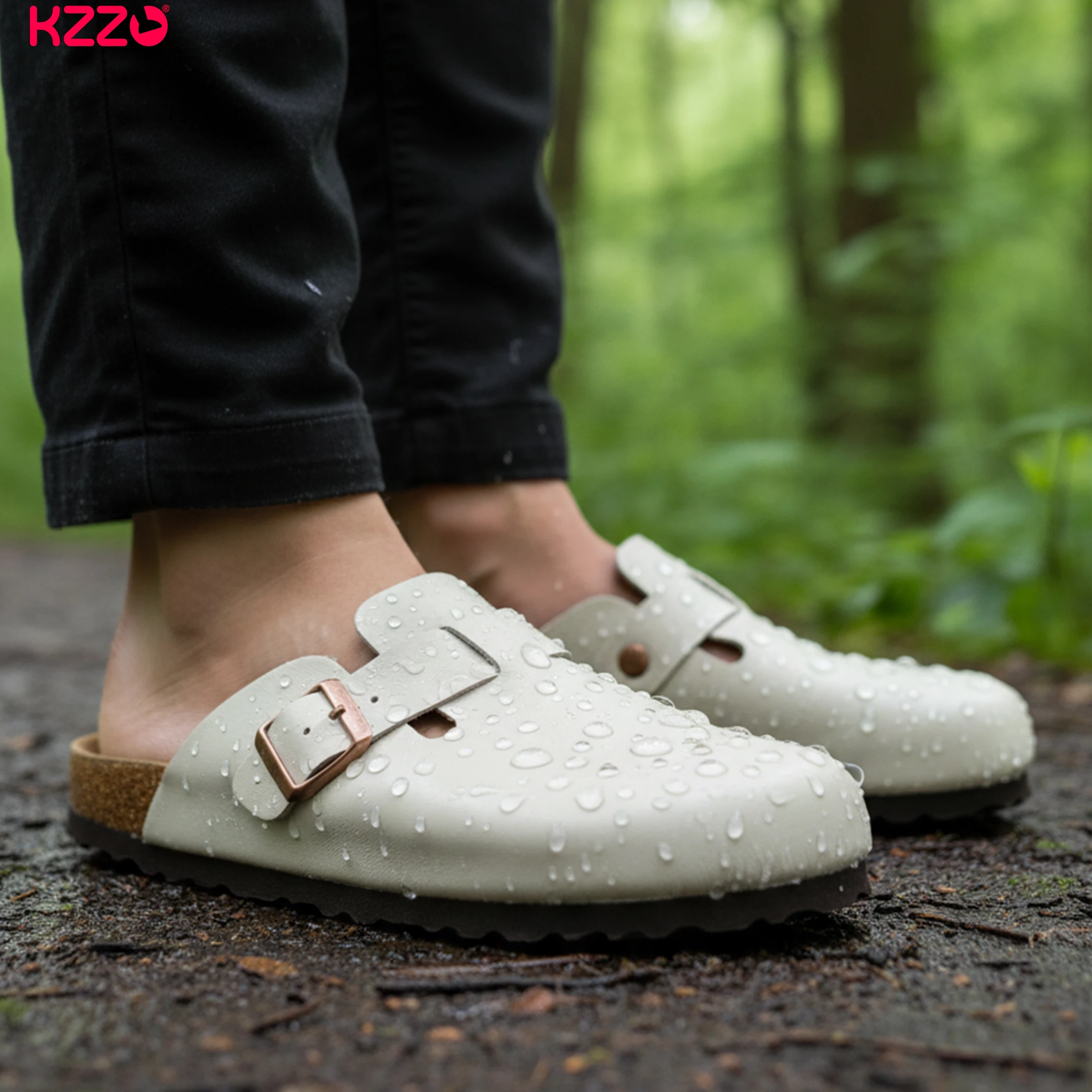 KZZO Waterproof Genuine Leather Mules For Women Non Clog Shoes Outdoor Home Comfort Slip On Flat Adjustable Strap White_voghion.com
