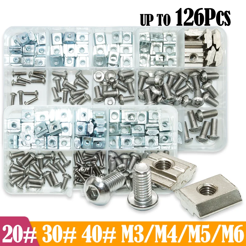 T Slide Nut and Hexagon Socket Head Button Screw M3 M4 M5 T-Slot Nuts of 3030 40 Series Aluminum Extrusion Profile 126p/set screw bolt nut set hex nuts assortment kit screw washer nut kit hexagon socket head cap screw