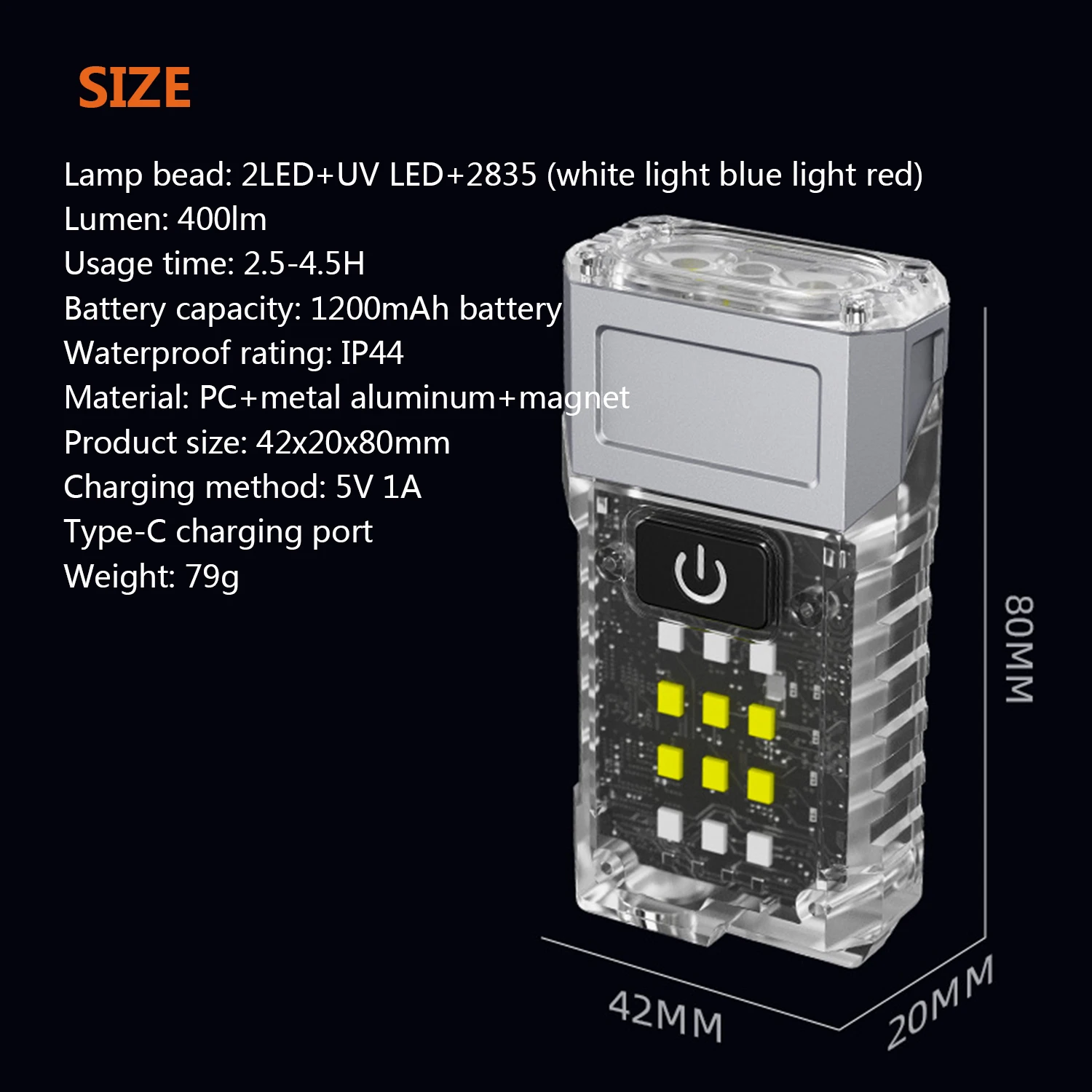Description Picture 6 of item1200mAh MultiFunctional Mini Flashlight Type-c Rechargeable Emergency Lighting Spotlight Outdoor Portable Rotatable Work Light