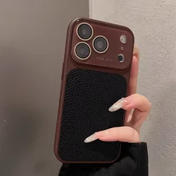 Luxury Lychee Leather Matte Plated Shockproof Phone Case with Candy Colors and Camera Protection - iPhone 15 (Black Red)