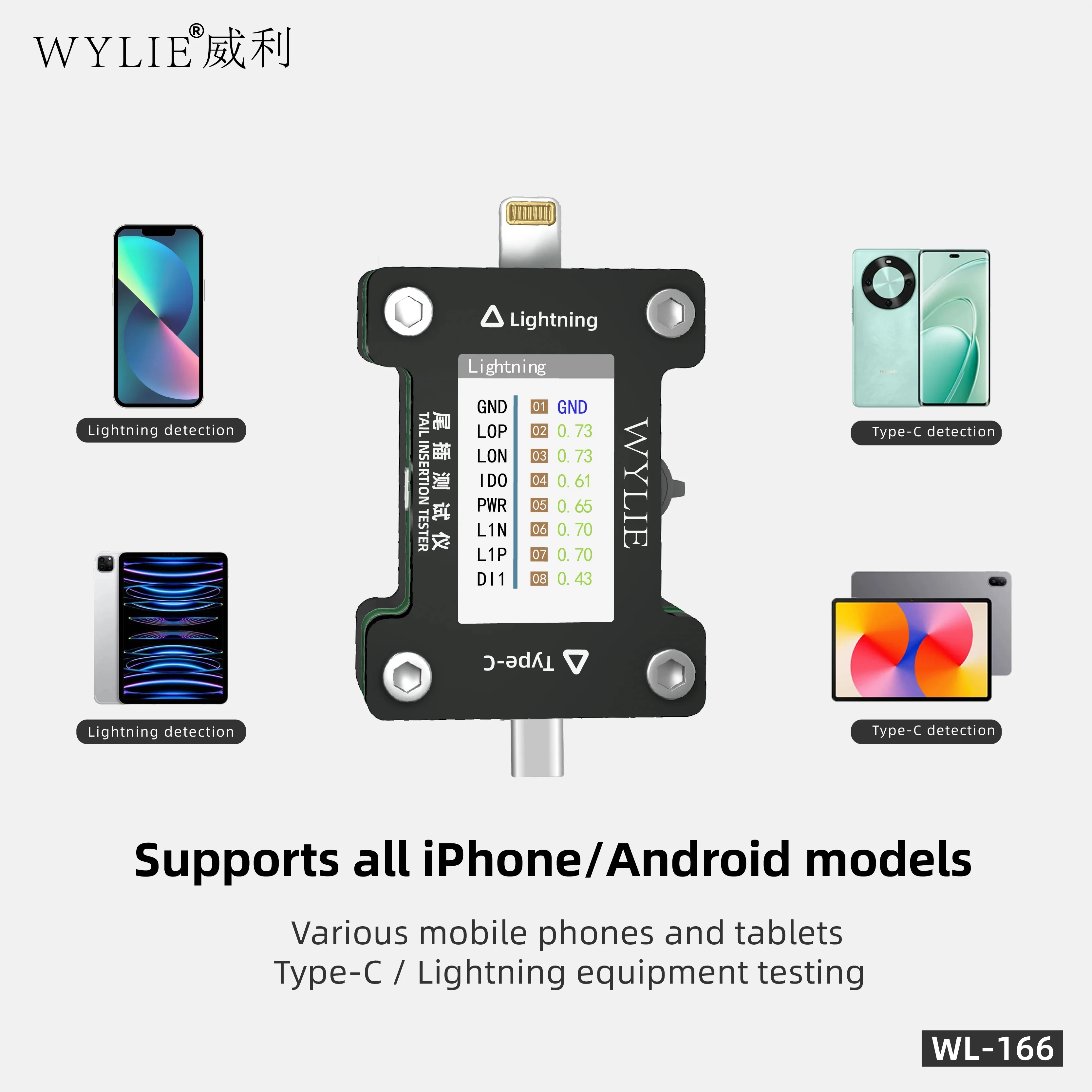 WYLIE WL-166 테일 삽입 테스터 라이트닝/타입-C 포트 테스터 아이폰/안드로이드 자동 고장 감지 HD 디스플레이 수리 도구