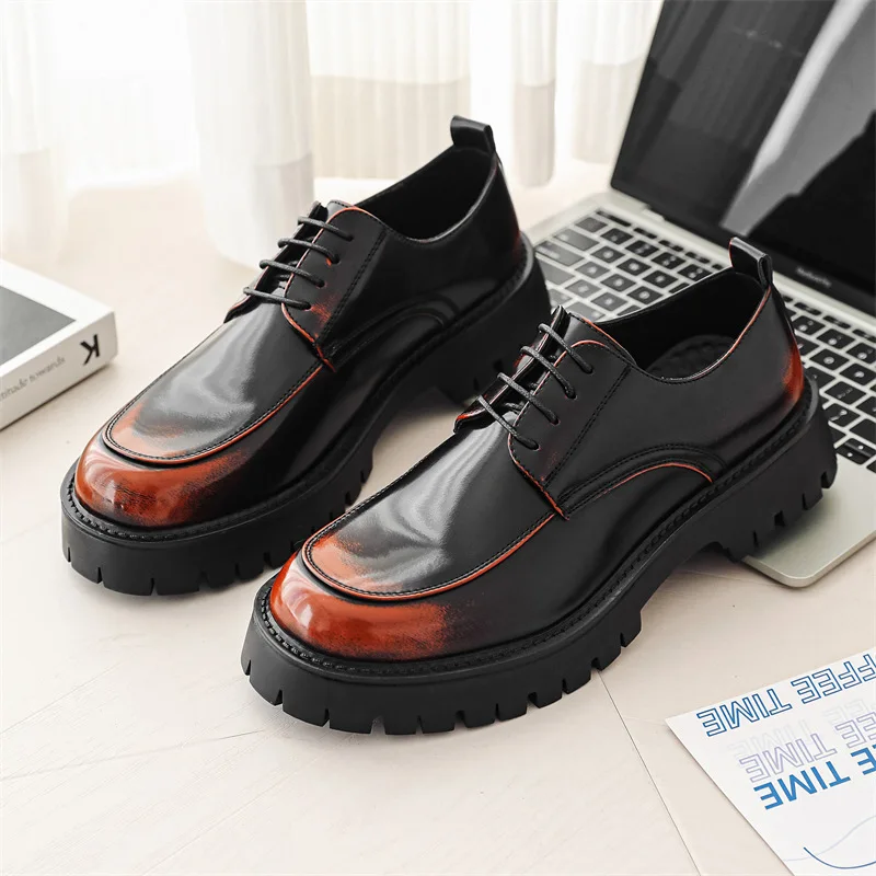 Men's Casual Business Leather Derby Shoes Trendy Mens Lace-up Thick Sole Heightened Shoe British Style
