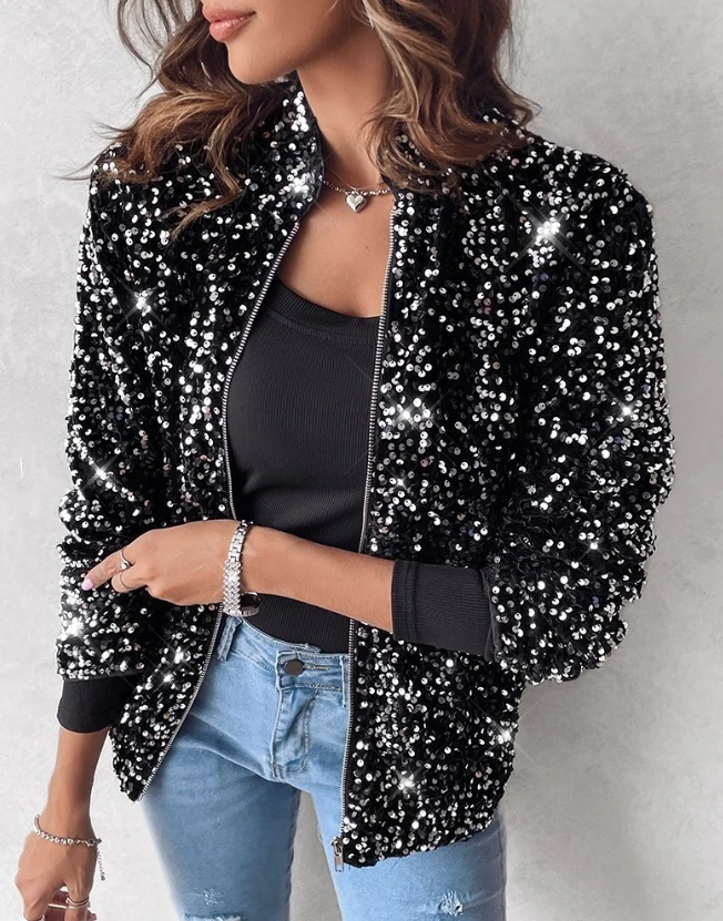 Fahsion Fall Winter Casual Jacket for Women Stand Collar Allover Sequin Long Sleeve Jacket Female Shiny Party Street Style women s jacket 2023 autumn winter trendy streets stand collar long sleeved allover sequin jacket plain zip up commuting jacket