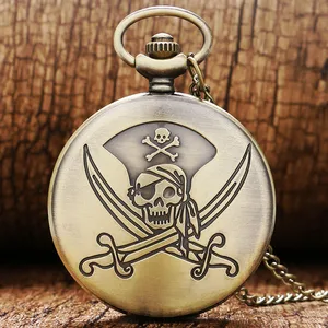 Steampunk Pirate Skull Cover Full Hunter Arabic Numeral Quartz Pocket Watch for Men Women Long Chain Timepiece Reloj De Bolsillo