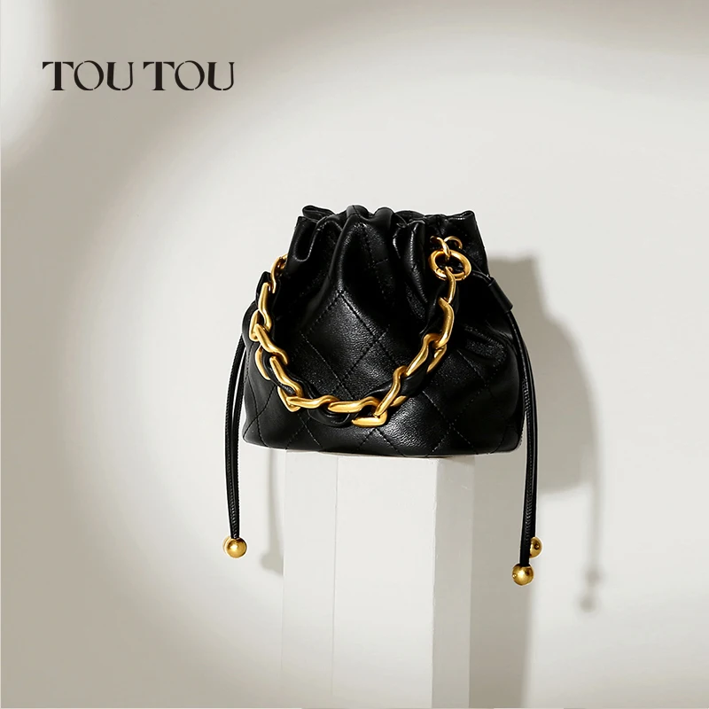 TOUTOU Genuine Leather Quilted Drawstring Bucket Bag for Women With Chain  Strap Crossbody Handbag for Daily Use and Commuting - AliExpress