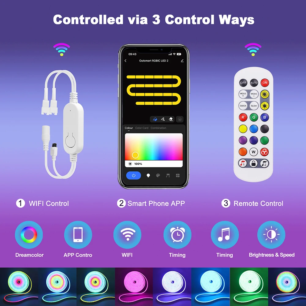 와이파이 스마트 RGB 네온 LED 스트립 조명, 24 키 리모컨, EU, US, UK, AU 플러그, 84LED/M 게임룸 장식, 5M WS2811, 1M 2M 3M