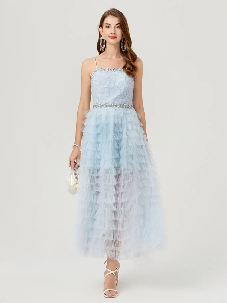 

Женское длинное Сетчатое платье SMTHMA, роскошное платье на бретелях-спагетти с блестками и жемчужинами, лето