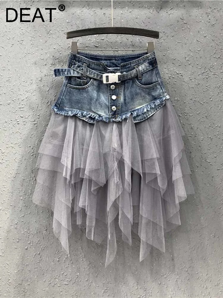 

Personality Irregular Mesh Patchwork Denim Skirt Women's High Waist Loose Versatile Skirts Female 2023 Spring New 11XX0669