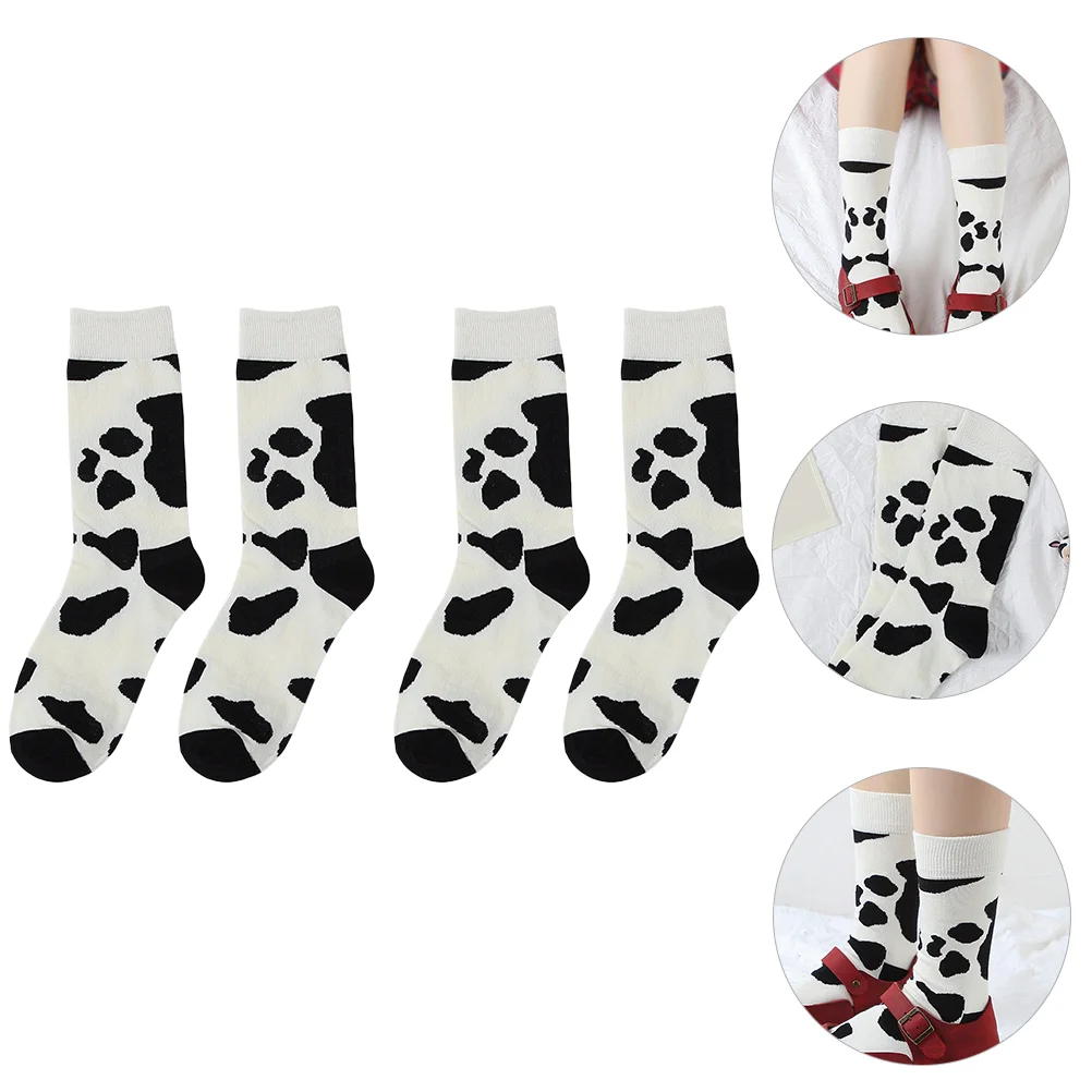 

2 Pairs Cow Print Socks Durable Girl Comfortable Winter Slipper Christmas Cotton Pattern Casual Men and Women Cotton Socks For